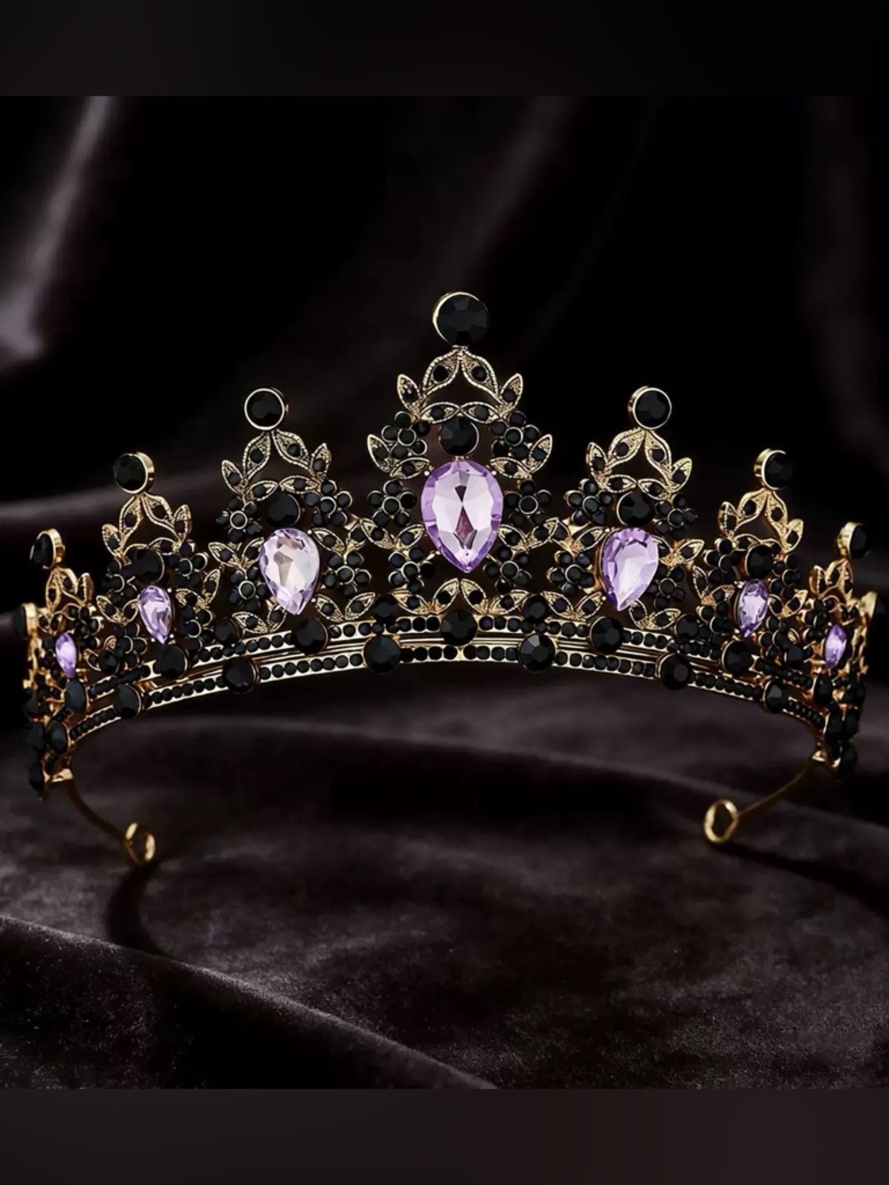 Elegant Gold Tiara with Purple and Black Gemstones